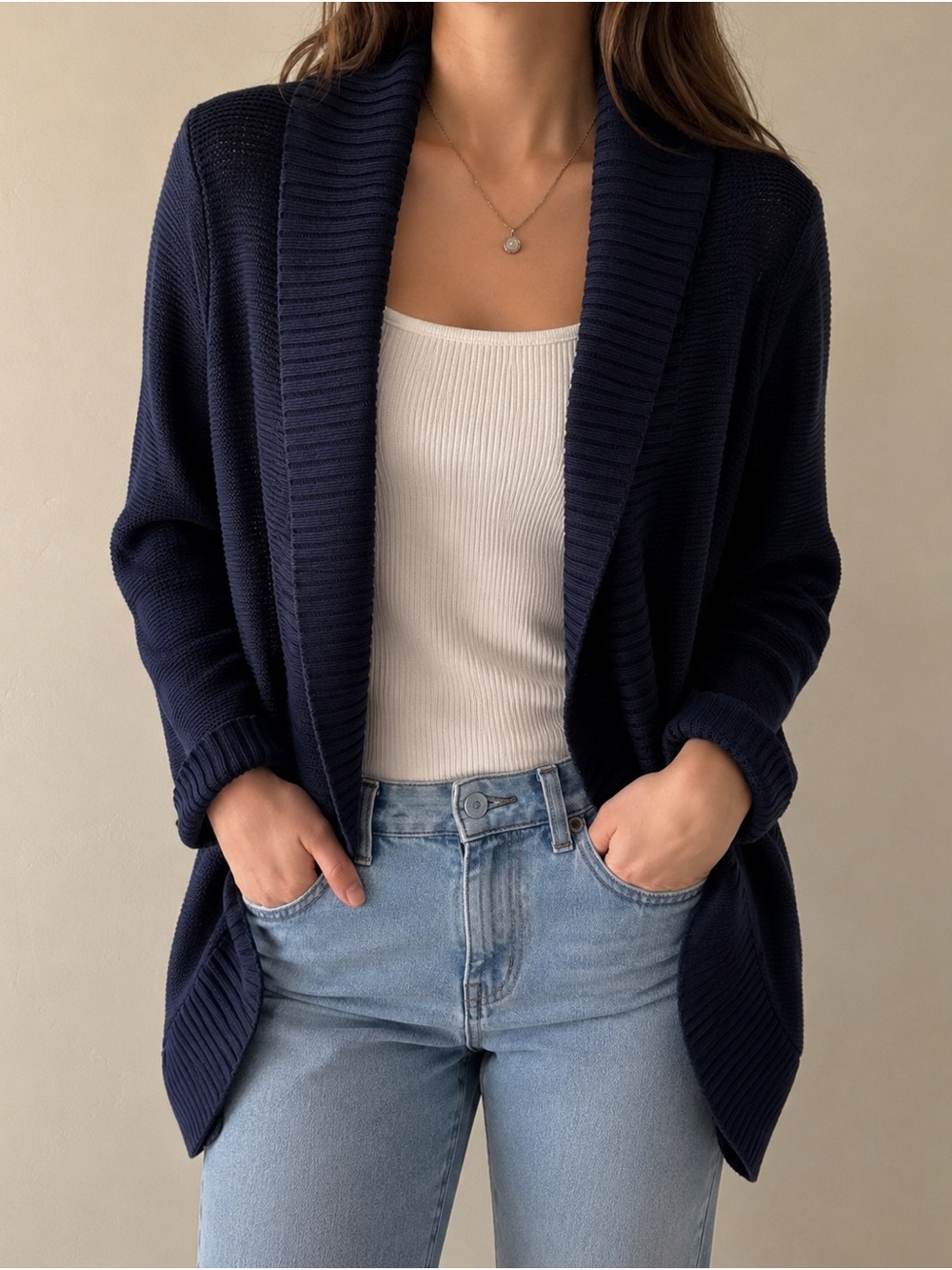 Eddie Bauer Navy Open Front Shawl Collar Cardigan Sweater Women’s L